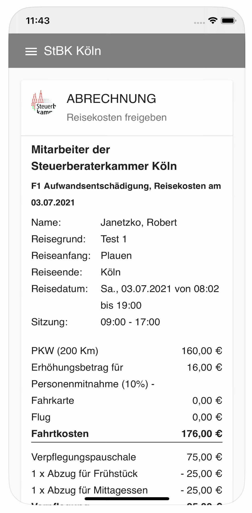 Reisekosten-App der StBK Köln